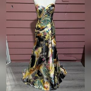 Yellow Multicolor Designed Strapless Dress